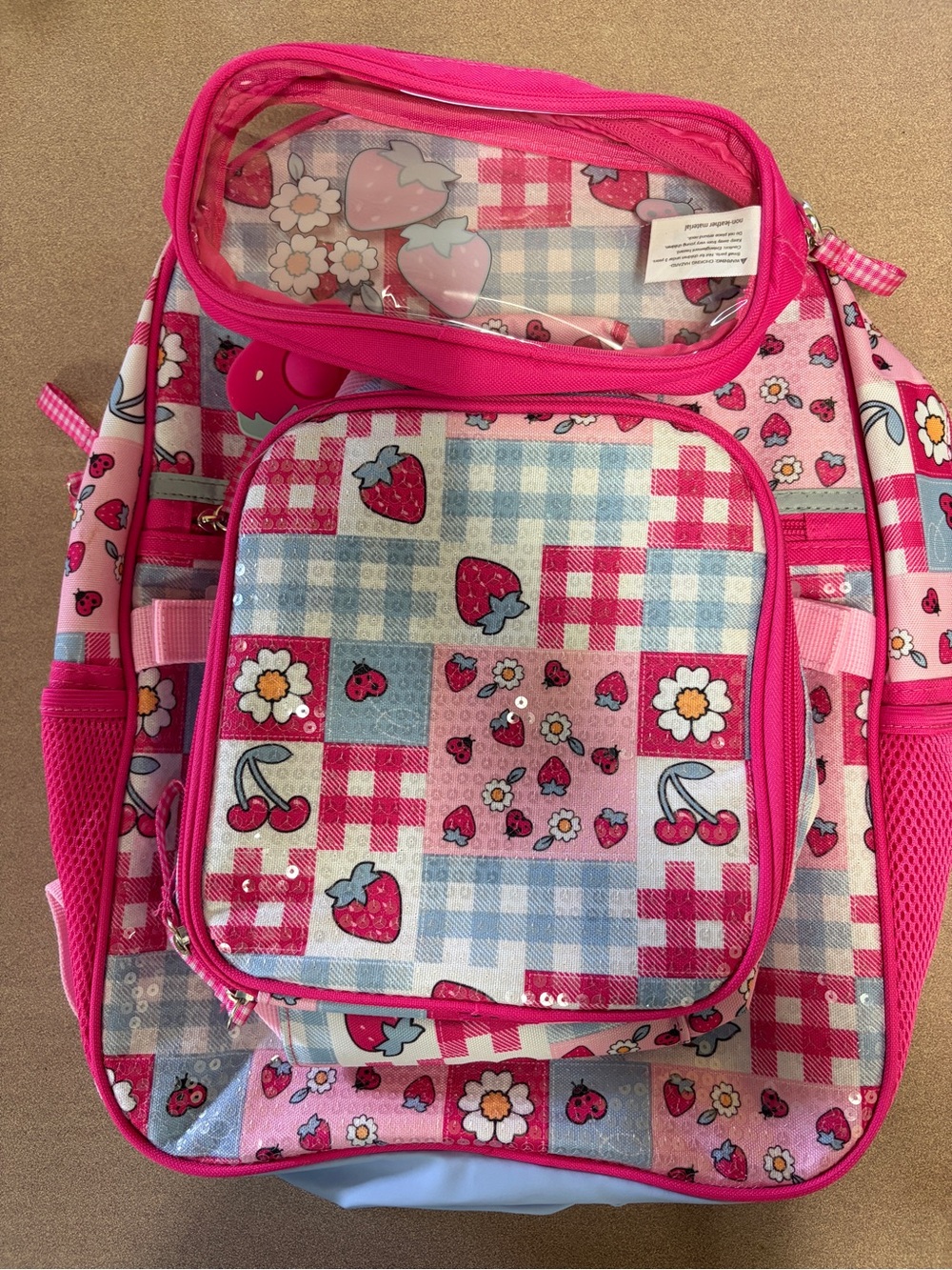 SEQUIN Kids Pink Strawberry Patch Backpack - Cute Floral & Cherry Print